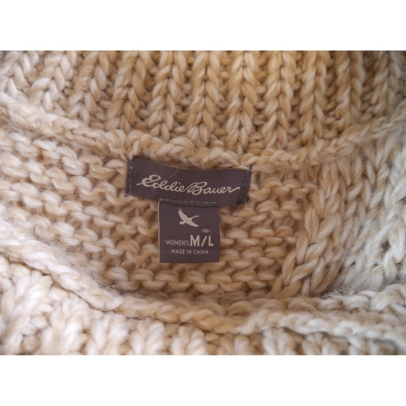 Eddie Bauer Women Beige Cable Knit Turtleneck Poncho Sweater Wool Blend ML - Picture 7 of 10